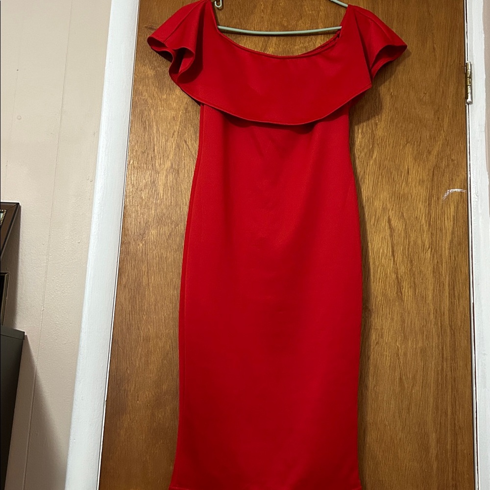 Dress, Elegant Red Off-Shoulder Dress Size M 95% polyester and 5% Spandex,